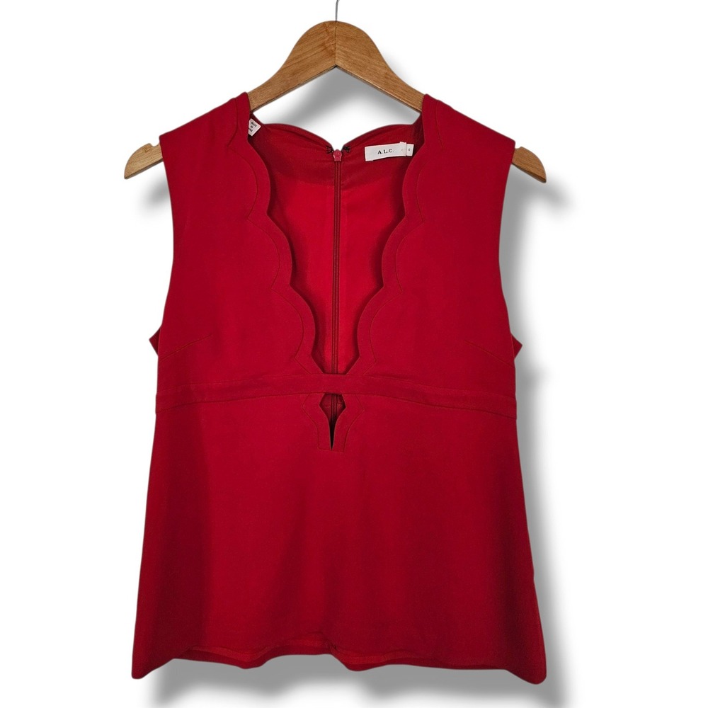A.L.C. Top 6 Womens Red Scalloped Deep V-Neck Keyhole Sleeveless Chic Date Night